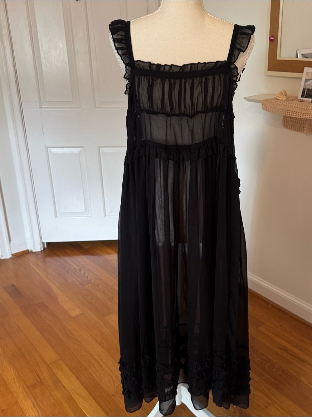 Free People Intimately Moon Phase Ruffle Sheer Midi Slip Dress Black Size Small
